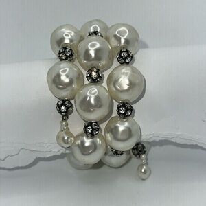 Large Faux Pearl Wrap Bracelet Alternating Black‎ Beads with Rhinestones